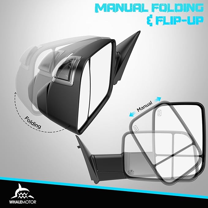 Power Heated Tow Mirrors Compatible with 2019-2024 Dodge Ram 1500 Only (Not fit Classic), Manual Flip & Fold Tow Side Mirrors w/Blind Spot Detection, Turn Signal, Puddle Light, Temp Sensor