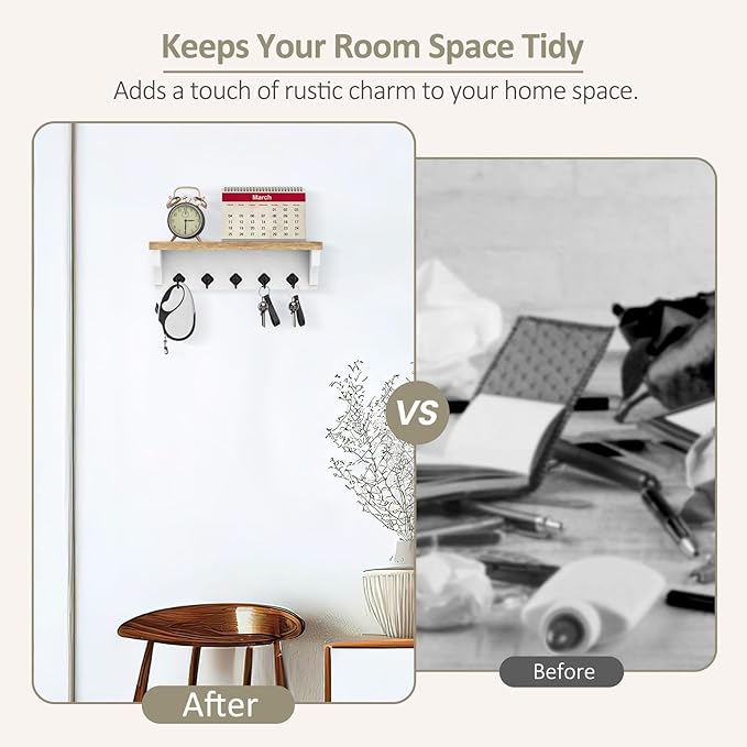 Nekon Key Holder for Wall, 11.8" W x 3.5" H x 2.8" D Decorative Key Organizer with Floating Shelf, Wall Mount Key Rack with 5