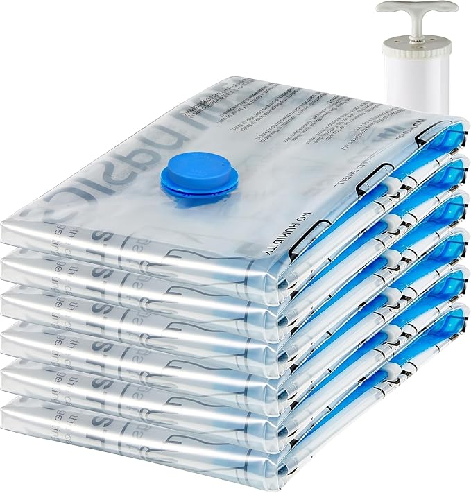 Amazon Basics Vacuum Storage Bags for Clothes, Space Saving Compression Storage Bags with Hand Pump, Heavy Duty, Stackable, J