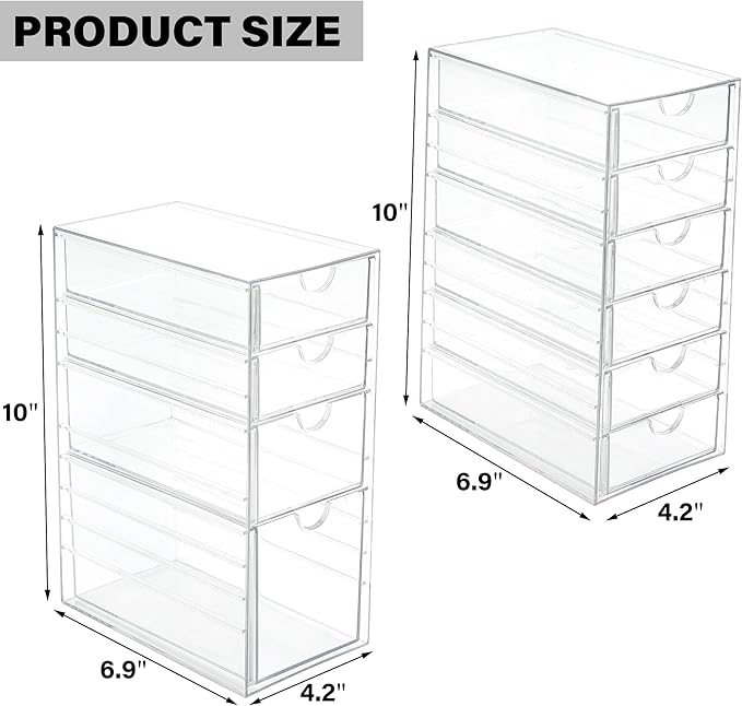 Prsildan Acrylic Drawer Makeup Organizer with 10 Drawers, Set of 2 Office Desk Organizers Accessories, Clear Stackable Storag