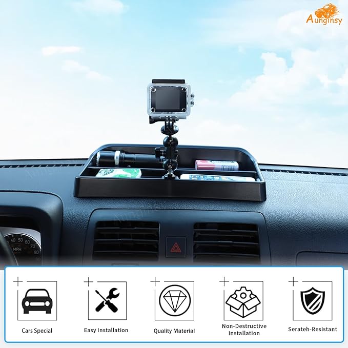 Aunginsy Center Console Dashboard Storage Organizer Tray with Dash Cam Mount Holder Compatible with Hummer H3 2005-2009, Car Cameras Bracket for Go pro/Action Camera Video Record Accessories