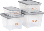 Amazon Basics Plastic Storage Containers with Secure Latching Lids, Stackable Organization Bins, Clear/Grey, 32 Quart, Set of