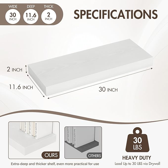 30 Inch Floating Shelves, 12" Deep Floating Shelf Wall Mounted, 30" Wall Shelves, Rustic Deep Bookshelf, Extra Deeper & Thick