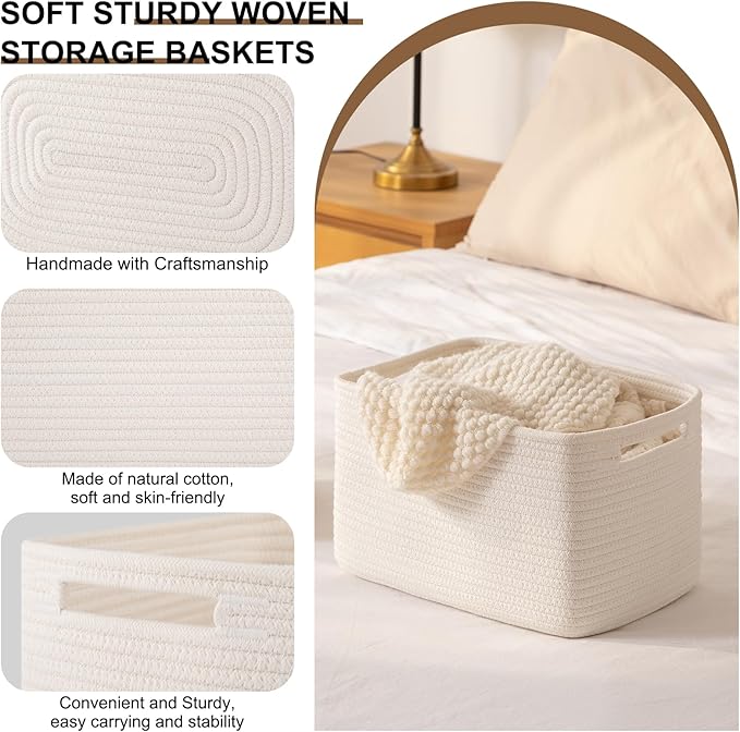 OIASKET Storage Baskets for Organizing, Woven Decorative Baskets for Shelves - Books, Towels, and Clothes, Cotton Rope Toy St