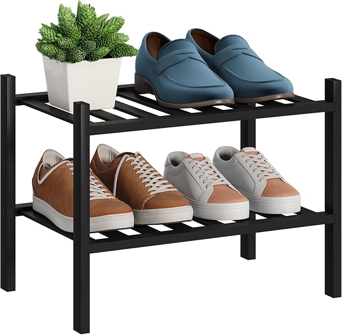 BMOSU 2-Tier Bamboo Small Shoe Rack Premium Stackable Shoe Shelf Storage Organizer for Hallway Closet Living Room Entryway Or