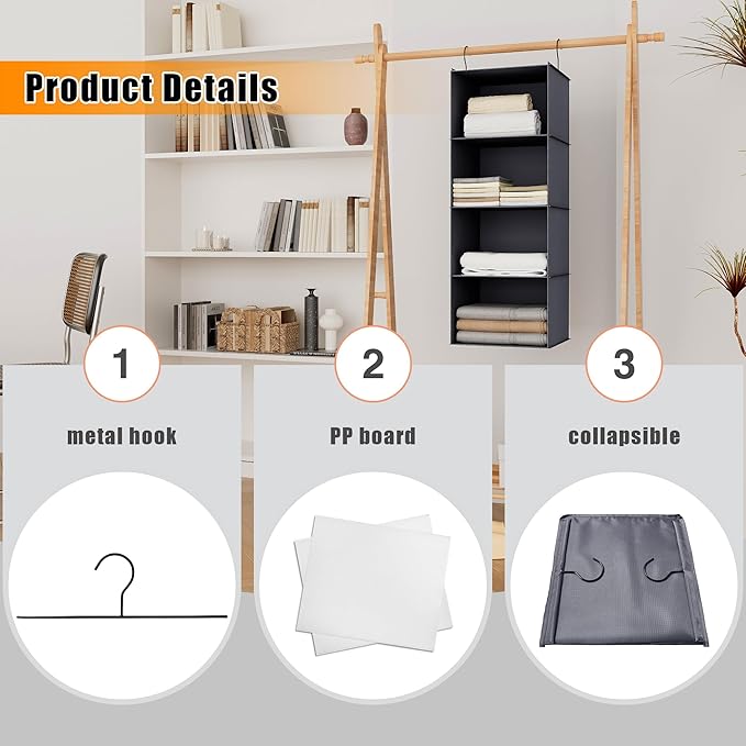 Hanging Closet Organizer, Easy Mount Foldable 4-Shelf Hanging Closet Wardrobe Storage Shelves, Clothes Handbag Shoes Accessor