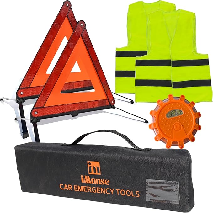 Warning Safety Triangle Kit, Emergency Roadside Warning Reflective Triangle 2 Packs with 1 LED Road Flare Light, Foldable wit