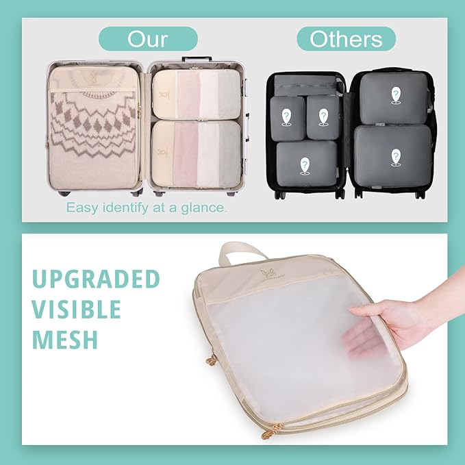 See Through Expandable Compression Packing Cubes, Mesh Travel Packing Cubes for Suitcases, Lightweight Organizers Bag Set for