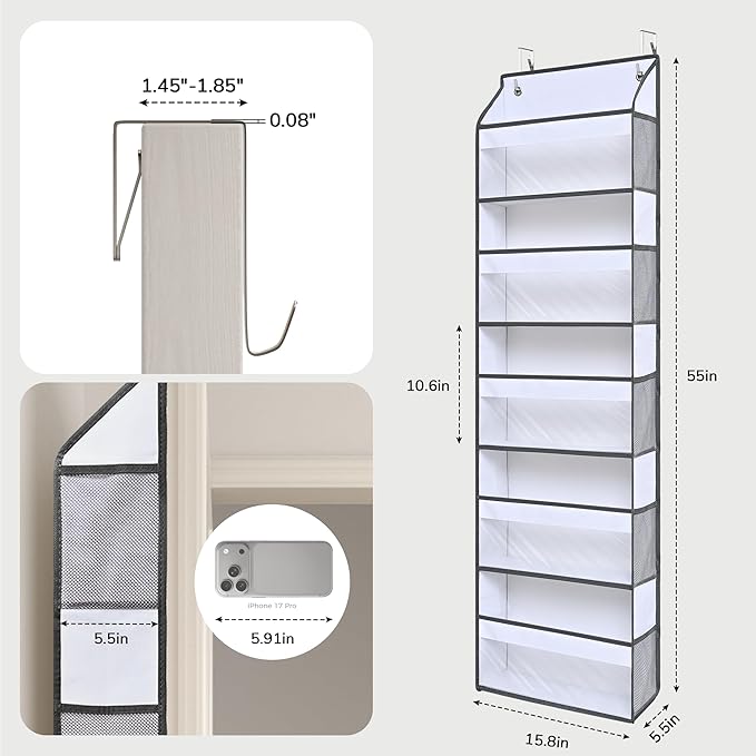 5 Tiers Ultra-thin Over Door Organizer with 10 Mesh Side Pockets, 44 lbs Weight Capacity Hanging Storage Organizer with Clear