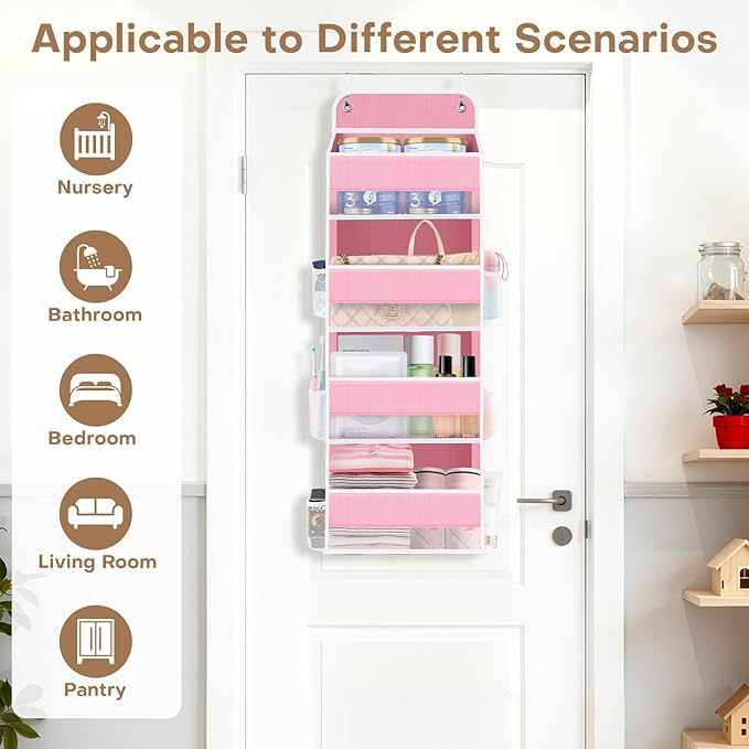SpaceWhisper Over the Door Organizer, 4 Large Pocket Hanging Storage Organizer with 40lb Capacity, Space Saving for Nursery, 
