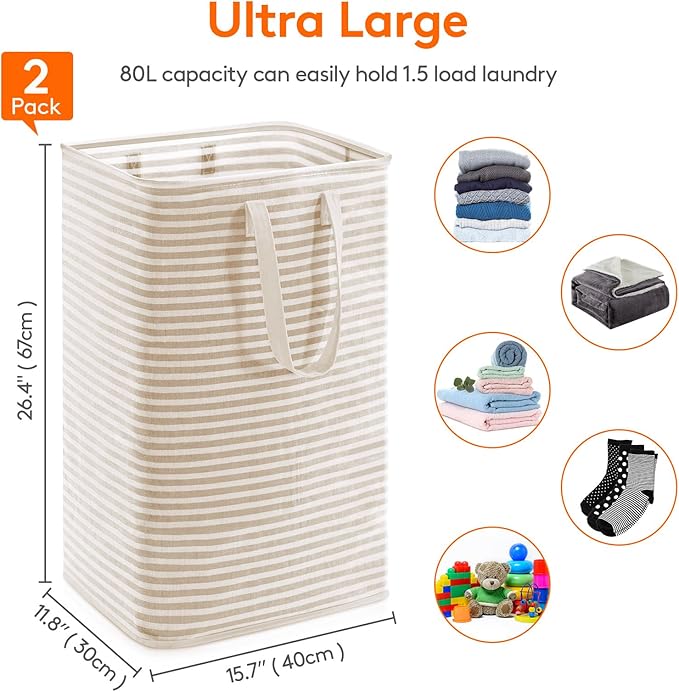 Lifewit 2 Pack Laundry Basket 80L Each, Collapsible Clothes Hamper with Reinforced Handles, Freestanding Waterproof Design fo