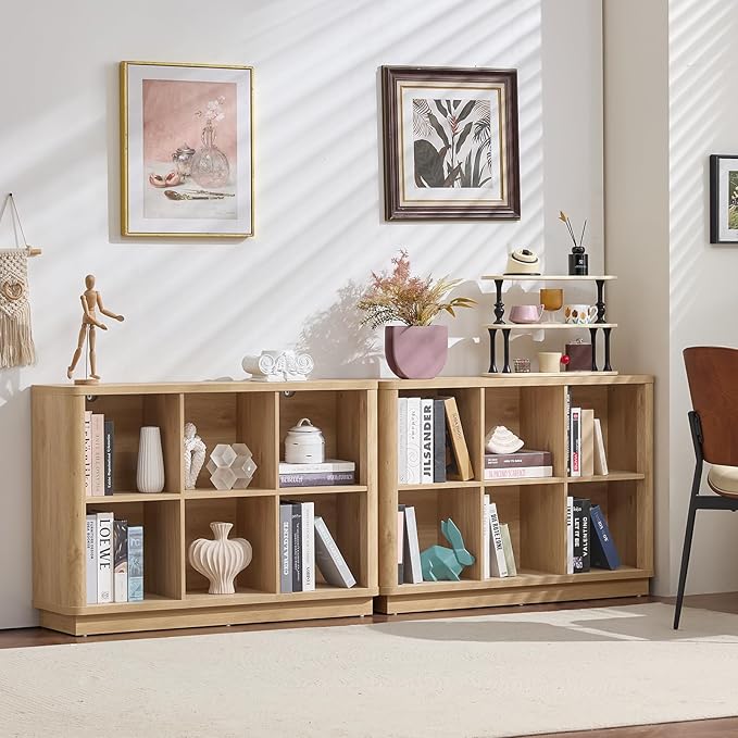 Joaxswe 6 Cube Storage Book Shelf, 40" Wide Low Horizontal Bookcase with Curved Edge, Floor Standing 2-Tier Wooden Bookshelf 