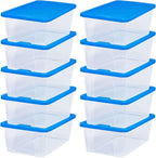 HOMZ 10-Pack Snaplock, Small Clear Plastic Storage Organizer Bins w/Lids, 6 Quart, Blue - Stackable Container Boxes for Bedro
