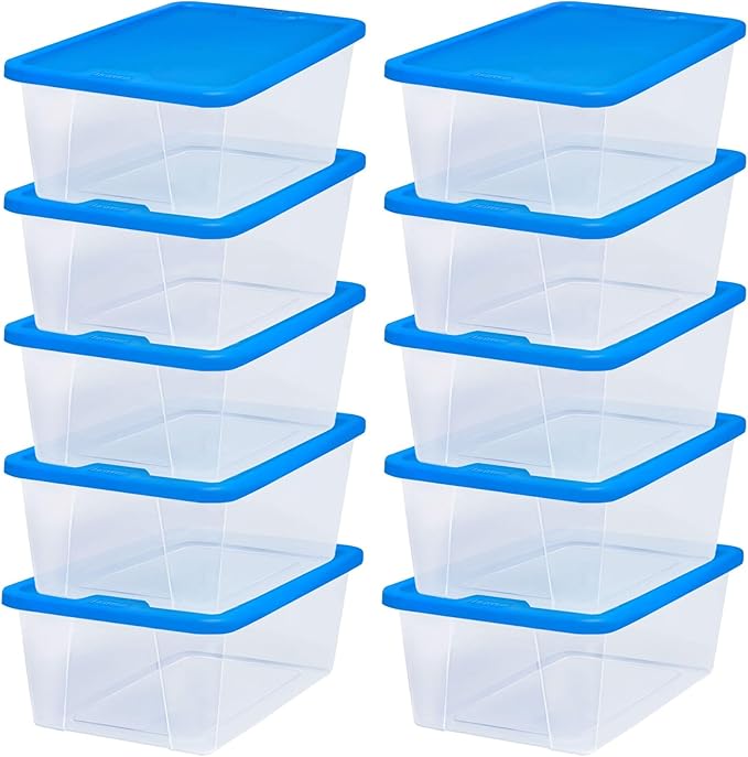 HOMZ 10-Pack Snaplock, Small Clear Plastic Storage Organizer Bins w/Lids, 6 Quart, Blue - Stackable Container Boxes for Bedro