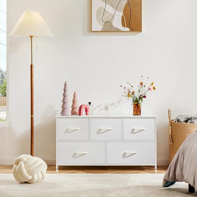 DUMOS Dresser for Bedroom, 5 Storage Drawers, Wide Fabric Closet Chests Organizer Tower Furniture with Wooden Top Metal Frame