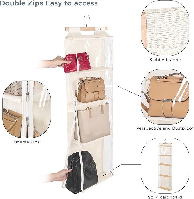 Syeeiex Over The Door Purse Organizer with Zippers, 4 Mesh Shelves,Clear Slubbed Fabric+PVC Hanging Closet Bag Organizer, Dus