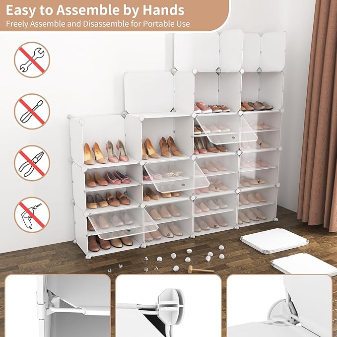 ROJASOP Shoe Storage Cabinet, 12-Tier Shoe Organizer 96 Pairs Extra Large Plastic Shoe Rack with Covers Portable Shoe Rack Or