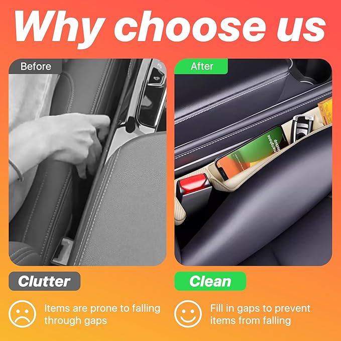 2PCS Car Seat Gap Filler, Anti-Drop Vehicle Console Crevice Blocker with 2 Storage Areas, Seat Side Seam Organizer Plug from Droping, Universal Automotive Interior Accessories (Beige)