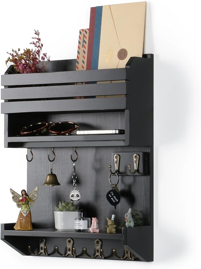 Key Holder, Wall Mounted Mail Organizer, Keys Holder on Wall with 9 Key Hooks, Black