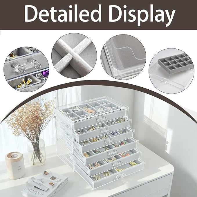 Watpot Acrylic Jewelry Box with 6 Drawers, Clear Earring Storage Organizer Display Case for Women Girls, Gray