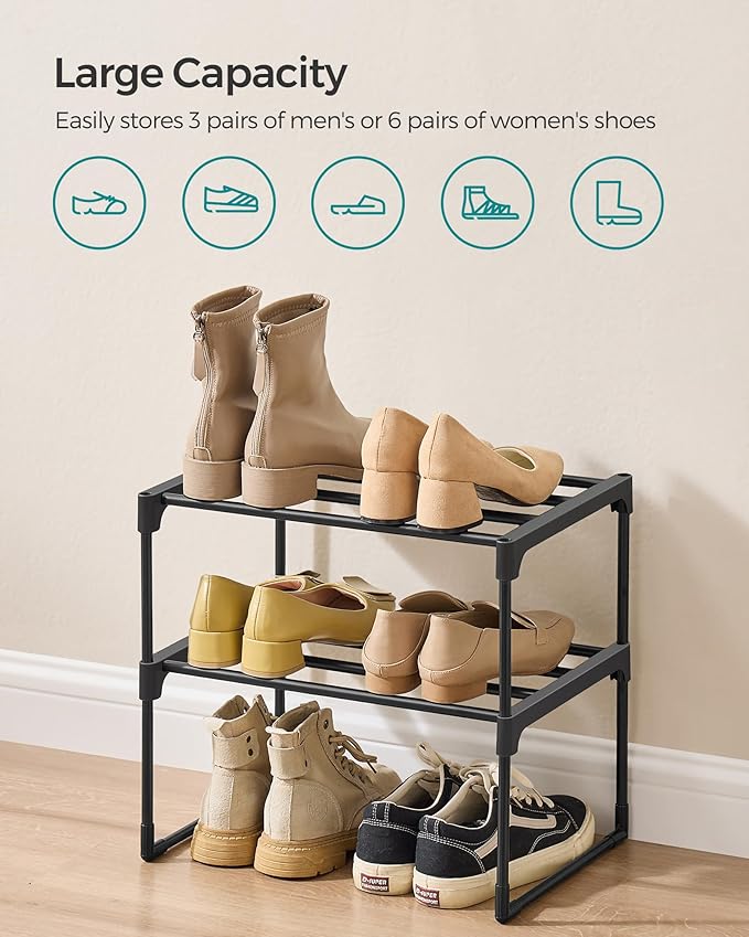 SONGMICS Shoe Rack, 2-Tier Shoe Organizer, Metal Storage Shelf, Upright or Upside Down, for 3-6 Pairs, Stackable, for Entrywa