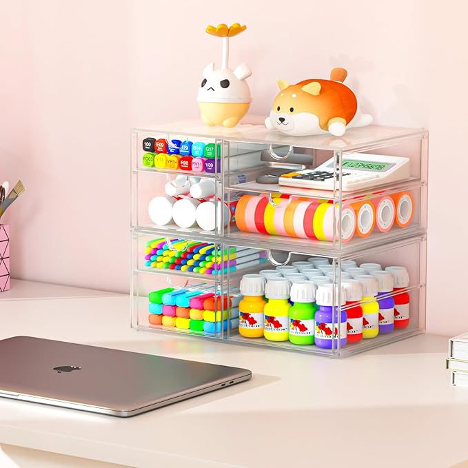 2 Pack Desk Organizers, Makeup Organizer Storage with 7 Drawers, Desktop Office Supplies, Clear Desk Accessories, Dustproof D