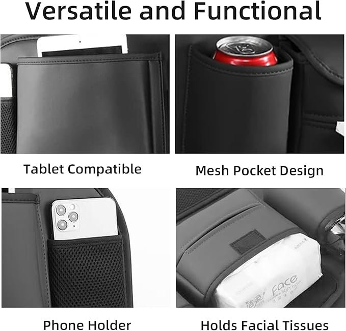 Car Backseat Organizer with Touch Screen Tablet Holder,7 Storage Pockets Protectors Kick Mats Travel Accessories for Kids-Black