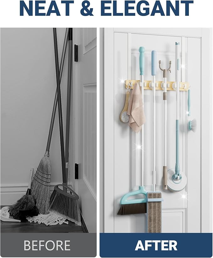 Lorbro Broom Holder Door Mount, Over the Door Broom and Mop Holder with 2 Over Door Hooks, Wood Broom Hanger, Tool Rack Organ