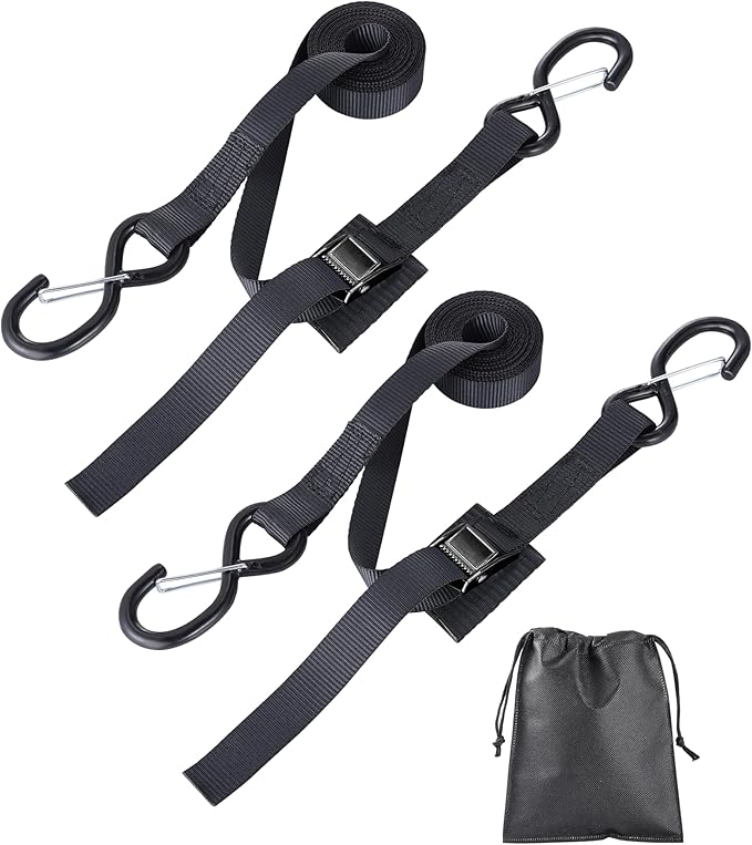 Upgraded 1'' x 8' Tie Down Straps, Cargo Roof Rack Strap Cam Buckle with Hooks, Heavy Duty Secure Strap, Black - Pack of 2