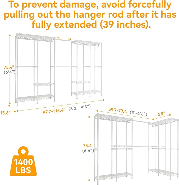 Higeego H5 Pro Heavy Duty Clothes Rack Wardrobe Closet for Hanging Clothes, Freestanding Garment Rack with Expandable Hanger 