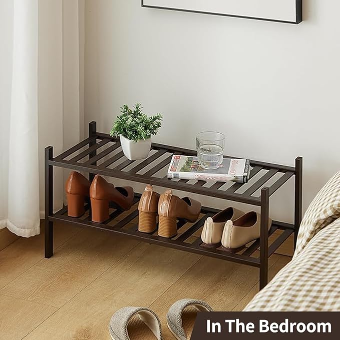 2-Tier Bamboo Shoe Rack for Entryway, Stackable | Heavy Duty | Multi-Function, Free Standing Shoe Racks for Bedroom Hallway C