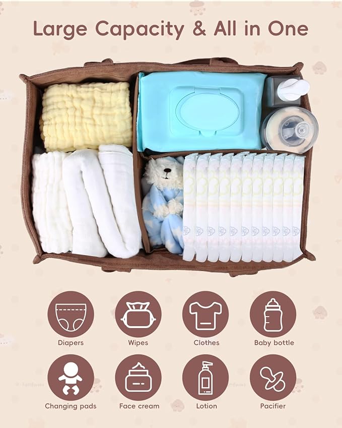 Diaper Caddy Organizer, Quilted Caddy Organizer with Handle, Car Caddy Organizer For Diaper and Wipes, Nursery Storage Basket