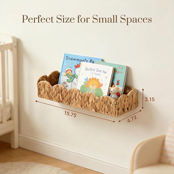 2 Pack Nursery Book Shelves, Scalloped Water Hyacinth Book Shelf for Kids Rooms, Handwoven Floating Book Shelves for Wall, 15