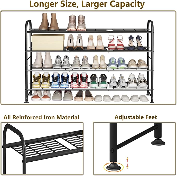 LINZINAR Shoe Rack Long 4 Tier Shoe Storage Organizer Metal Wide Shoe Shelf for Closet Entryway Bedroom 24 Paris Large Capaci