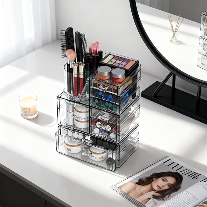 ShineMe Clear Makeup Organizer with 9 Drawers, 3 Tier Stackable Makeup Storage Organizer with Rotating Brush Holder, Acrylic 