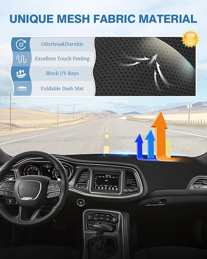 FIILINES Dash Cover for Dodge Challenger 2015-2024, Dashboard Mat Cover Challenger Accessories Sunshade Nonslip Mesh Protecto