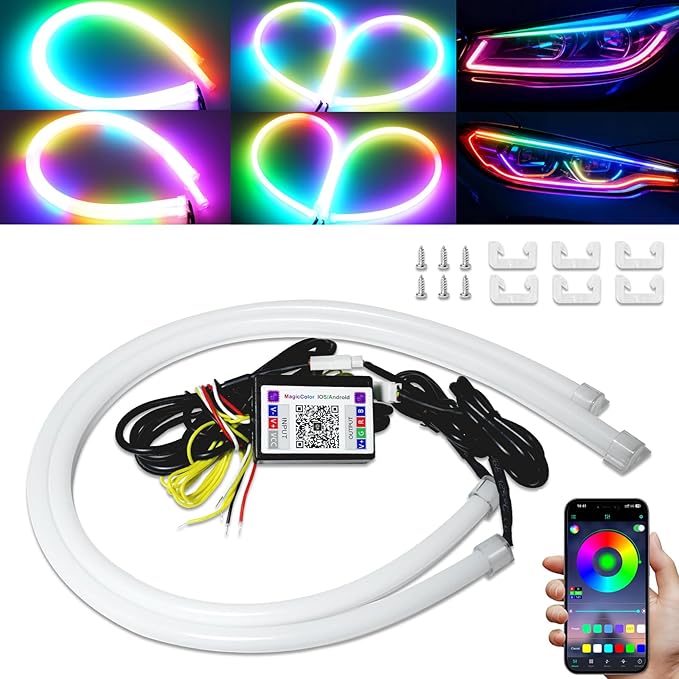 Sequential Switchback DRL Led Strip Light for Car SUV Motorcycle, 24Inch RGB Multi Color 12V LED Daytime Running Light, Flexible LED Tube Turn Signal Lights APP Bluetooth Control 2-Pack