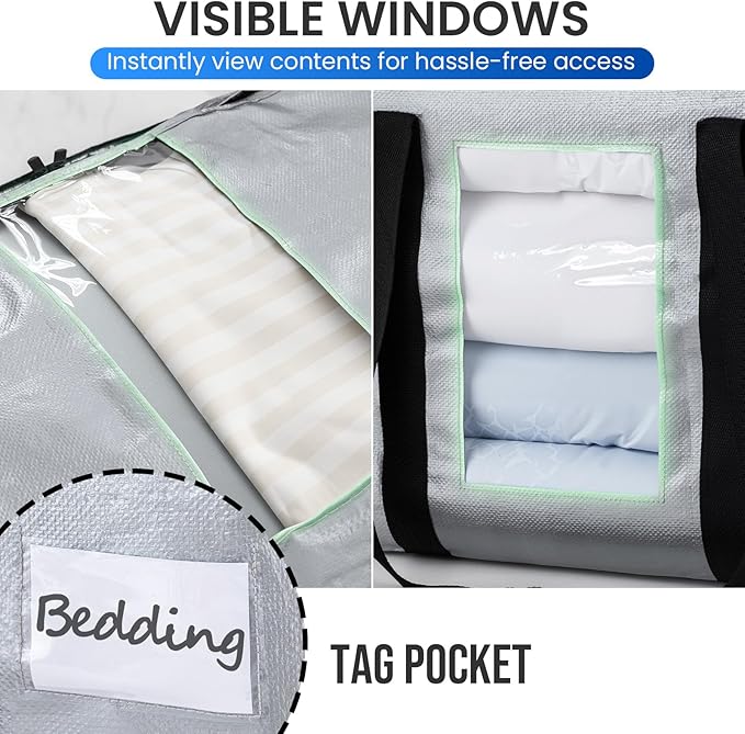 TAILI 2 Tier Extra Large Moving Bags, 2 Pack Silver Heavy Duty Totes for Storage with Visible Window, Wrap Around Handles, St