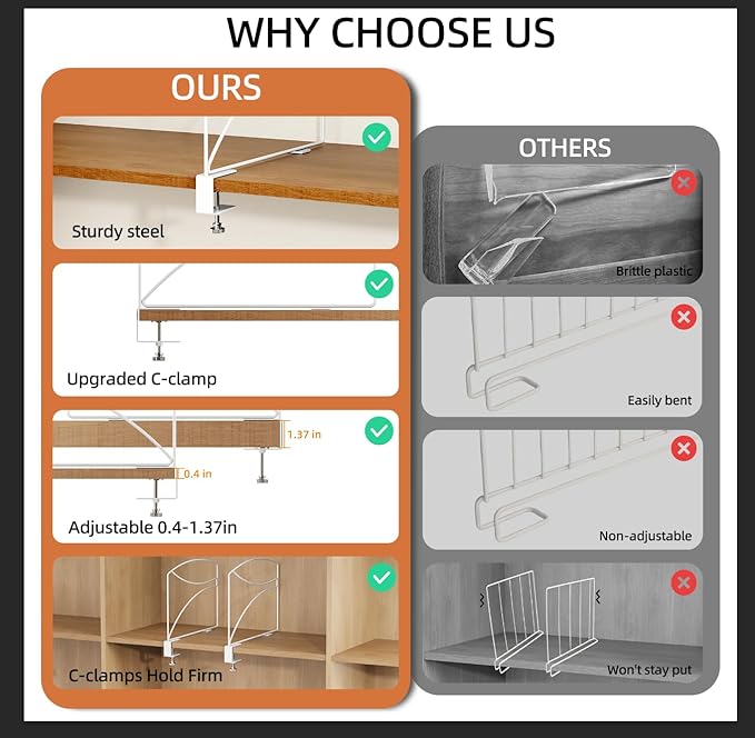 6-Piece Wire Shelf Dividers for Closet Organization, Upgraded C-Clips Adjustable Metal Shelf Dividers Suitable For Bedrooms &