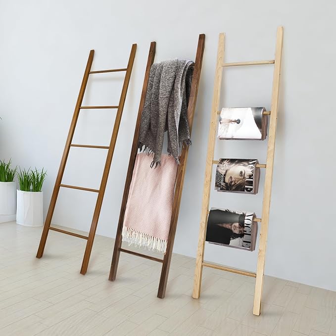 Solid Wood Decorative Ladder - Leaning Blanket Rack for Home Decor Cherry