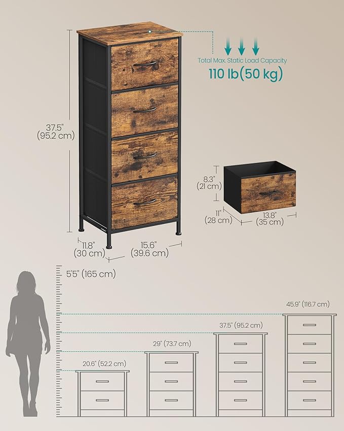 SONGMICS Dresser for Bedroom, Chest of Drawers, Steel, MDF, 4 Non-Woven Fabric Drawers, Storage Organizer Unit, Closet, Entry