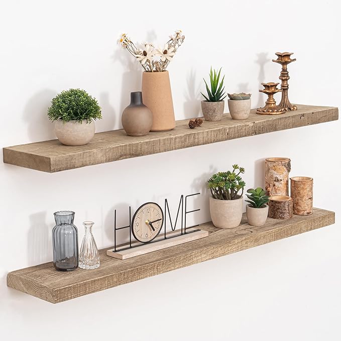 Floating Shelves Reclaimed Barnwood, 8" Deep Solid Wood Floating Shelf Wall Hanging Shelves with Invisible Heavy-Duty Metal B