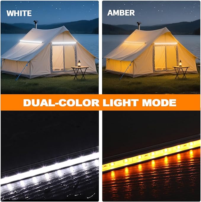 12V LED Interior Light Bar Kit Dimmable IP67 Waterproof Camping String Lights, 2 Bars White & 2 Bars Amber Aluminum Magnetic Mount Exterior Lights for RV, Camping Tent,Car