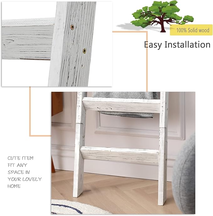 FUIN 5ft Wood Blanket Ladder Living Room Decorative Wall Leaning Farmhouse Quilt Display Holder Storage Wooden Towel Rack for