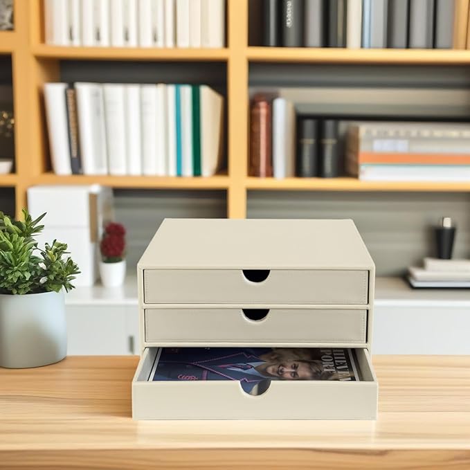 UnionBasic Document Organizer, 3-Drawer File Cabinet Document Storage Box, Office Desktop Filing Organizer, Seashell