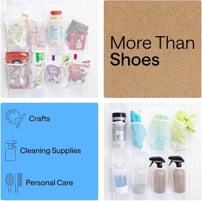 GORILLA GRIP Over the Door Shoe Organizer, 24 Large Breathable Mesh Pockets, Space Saving Hanging Storage Holder, Closet Rack