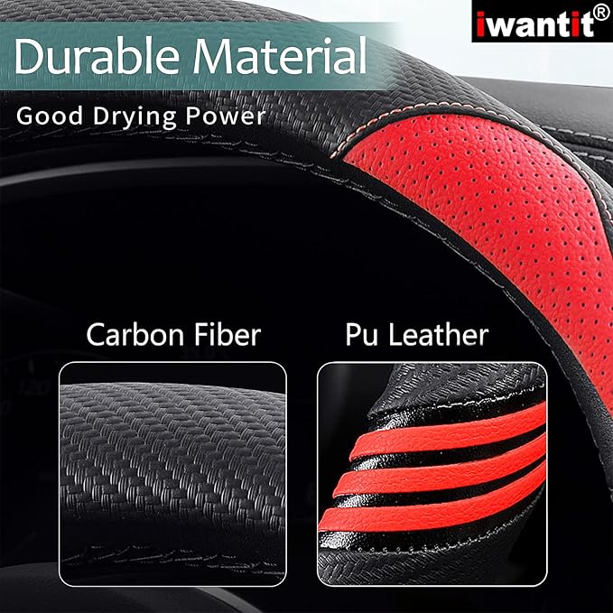 Iwantit® Premium Grip Steering Wheel Cover with Anti-Slip Rubber Ring, Made of Carbon Fiber & Breathable PU Leather, Universa