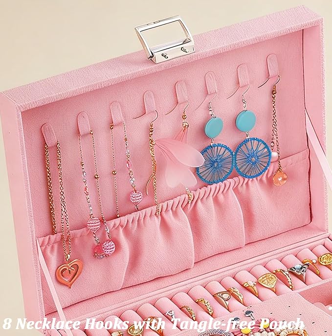 QBestry 3-Layer Jewelry Box for Girls & Teens with Lock and Key, Large Jewelry Organizer with 8 Necklace Hooks & 56 Earring H