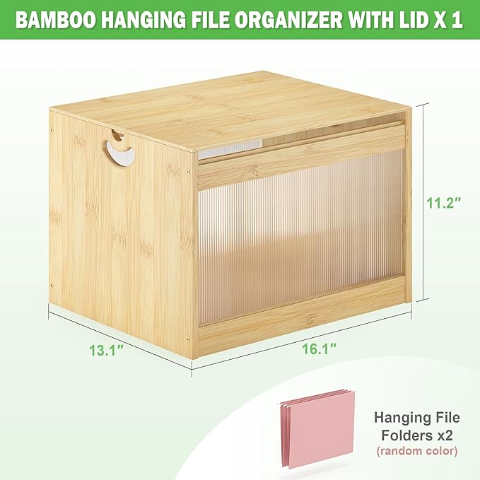 Hanging File Box Organizer for Letter Size, Bamboo Acrylic File Folder Storage with Lid Clear Moving Boxes Wooden with Handle