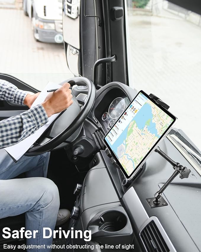 woleyi Drill Base Tablet Mount for Truck - [Metal Long Arm] Heavy Duty Truck Tablet Holder Dashboard Car Mount for Commercial Vehicles, Semi Trucks, for 4.7-13" iPad Pro, Air, Mini, Galaxy Tab, Z Fold